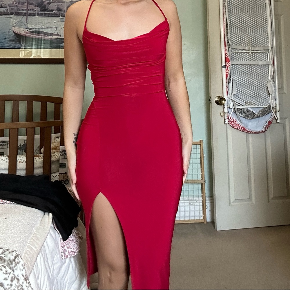 Windsor Red Ribbed Slit Bodycon Dress